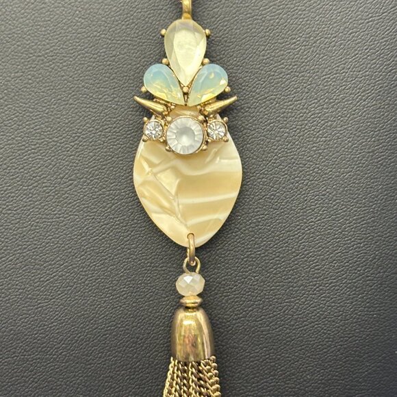 Long Jade & Jasper Gold-Tone Pendant Necklace Crystals & Tassel - Picture 5 of 10